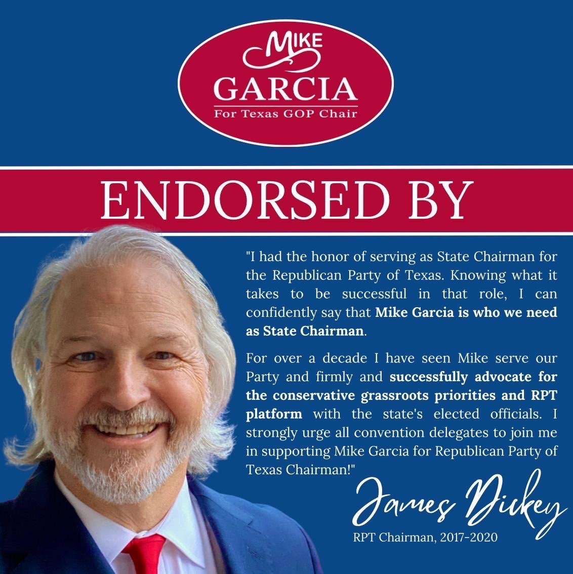 We are incredibly grateful to receive the endorsement of 2017-2020 @TexasGOP State Chairman @jamesdickey! James and I have worked together on passing grassroots priorities and the RPT platform into law, and I’m grateful for his mentorship and advice moving forward. He’s is an…