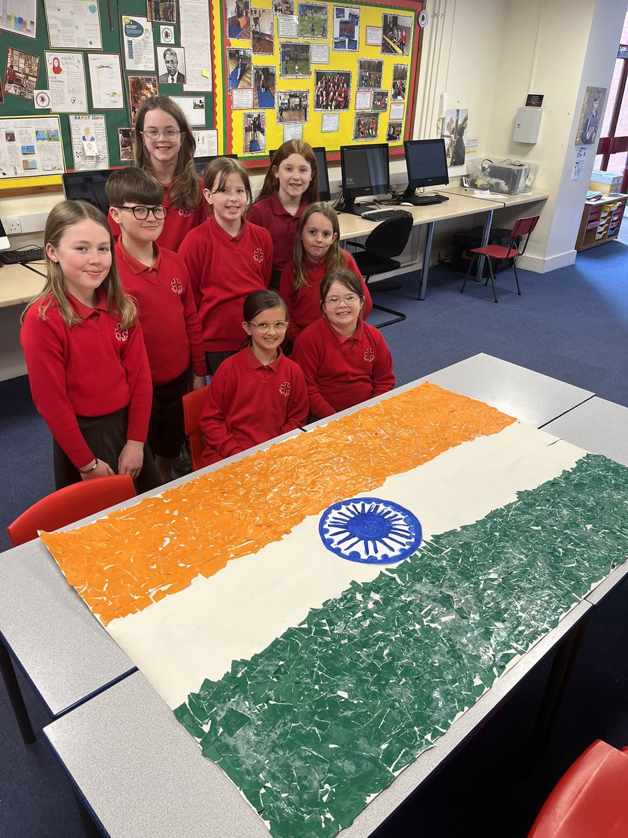 Year 5 collaborated with some of the children in reception to create the flag of India #HereWeAre #creativecontributors