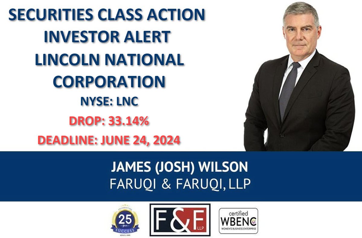 Lincoln National Corporation Class Action Lawsuit $LNC       

Lincoln National Deadline: June 24, 2024                

Learn More Here: faruqilaw.com/LNC 

#faruqilaw #NYSE #NYSEListed #stocks #stockmarketnews #StocksInNews #investing