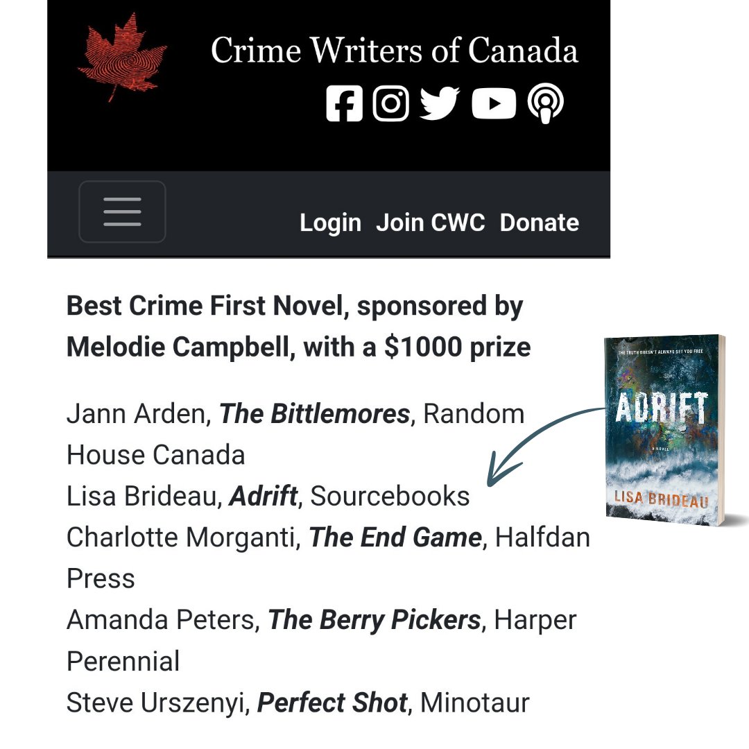 Today is a very good Friday indeed! Adrift has been nominated for a best first novel award by the Crime Writers of Canada!! 🥳 Huge thanks to @crimewriterscan for the recognition (and for putting me on a list with @jannarden which has blown my mind in the best possible way).