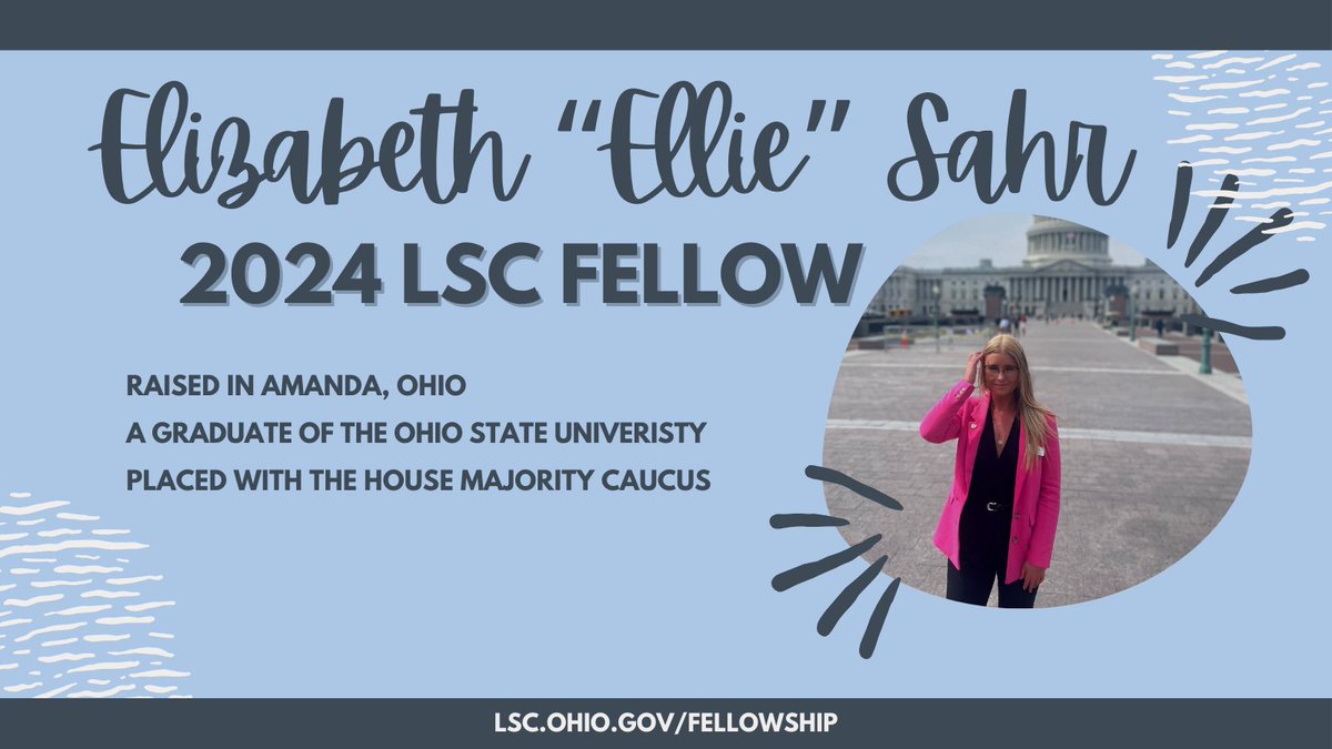 Elizabeth 'Ellie' Sahr is a 2024  Fellow placed with the House Majority Caucus, She calls Amanda, Ohio, home, and she graduated from @OhioState. Read more about Ellie here: facebook.com/LSCFellowshipP…

#lscfellowship #stategovernment #publicservice #ohio #FeaturedFellow