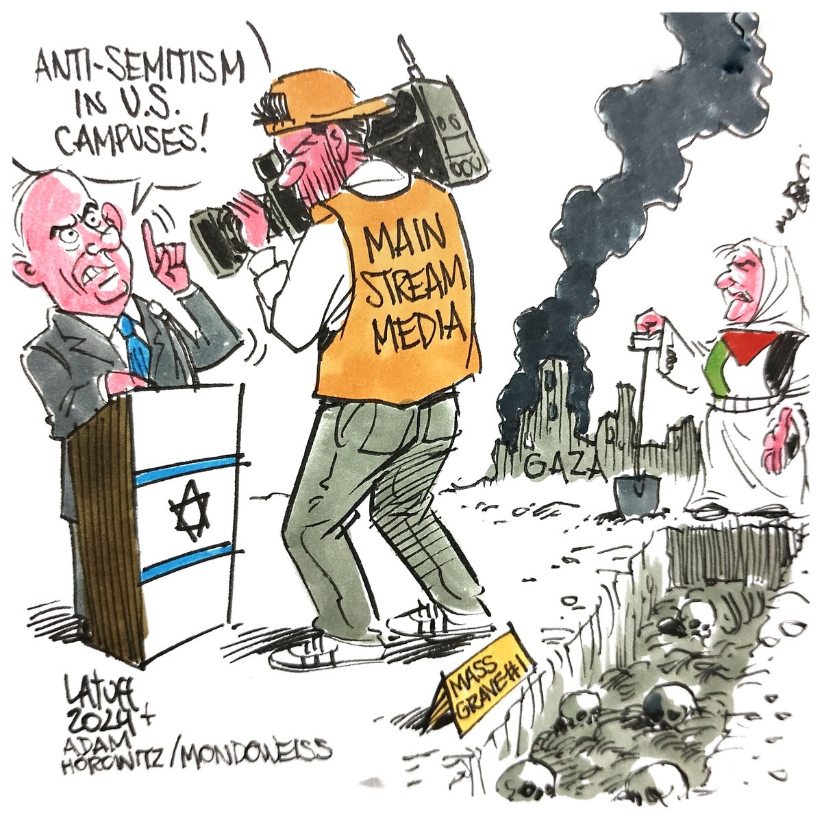 These protests should be amplified, and the attempts by the universities to quash free speech and free expression should be condemned. But we must force ourselves and the media to re-center the conversation to Gaza. Cartoon by @LatuffCartoons