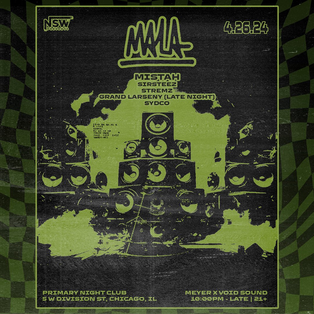 𝙏𝙊𝙉𝙄𝙂𝙃𝙏 ❱❱ We welcome the legend that is MALA for an extended 90 min blackout set…no lights, all sound. 🌑🔊 Set Times… 10 - Sydco 10:45 - Stremz 11:30 - SirSteez 12:15 - Mistah 1:15 - Mala 2:45 - Grand Larseny 🎟️ online/at door…see you in the dance 🪩