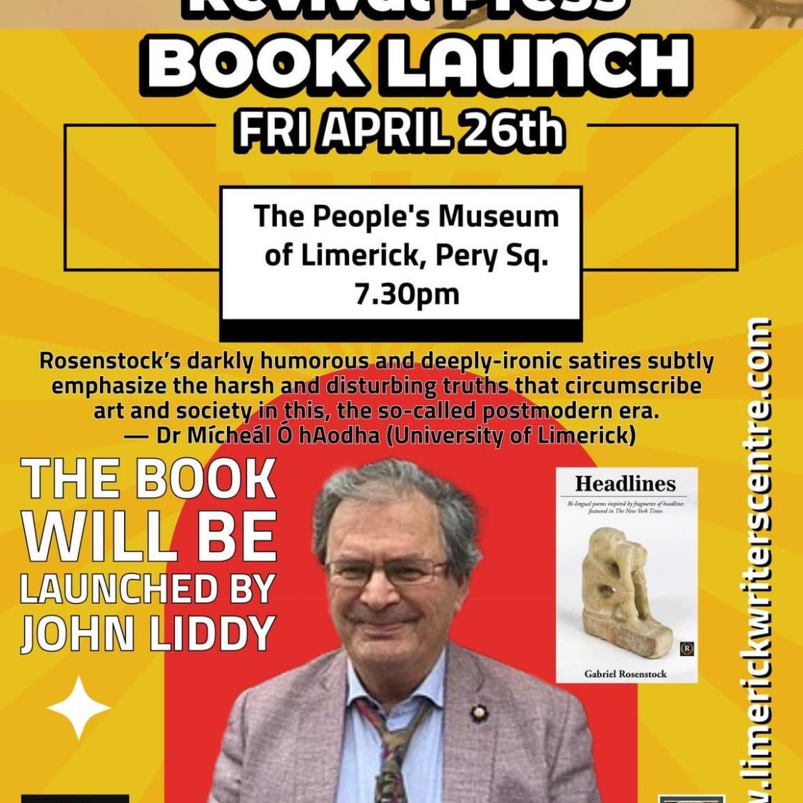 ANOCHT Bilingual book launch in Limerick. Leabhar nua dátheangach le seoladh ag an bhfile Gabriel Rosenstock anocht. Seo é an triú leabhar dátheangach atá seolta ag Limerick Writers Centre le mí anuas! Deir Dominic Taylor ón ionad go bhfuil fáilte roimh chách go Pery Square.