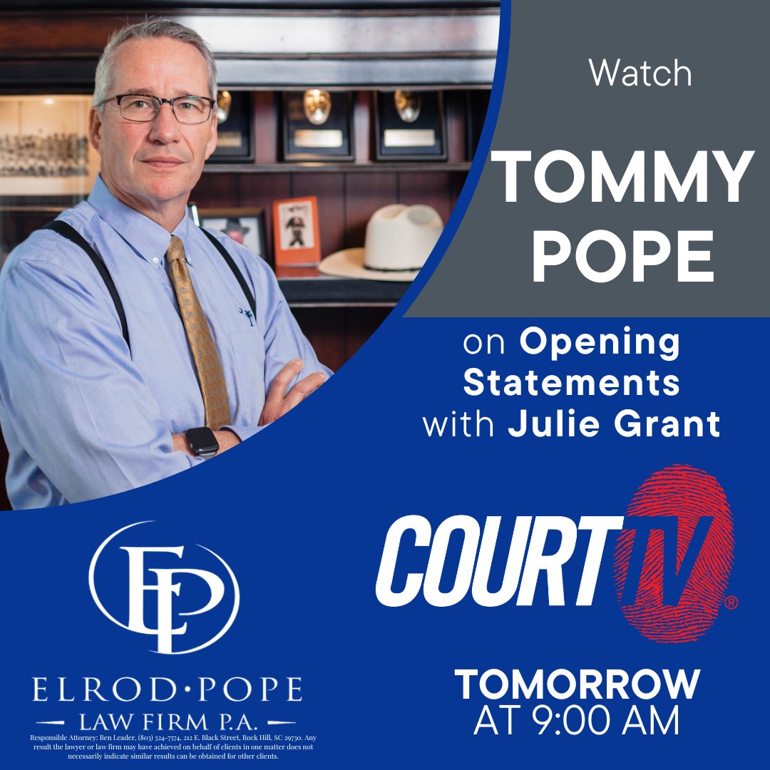 🕘 TOMORROW! @TommyPopeSC is joining @JulieCourtTV on #OpeningStatements starting at 9 am only on @COURTTV. Don't miss this chance to see them analyze ongoing cases as court gets underway. ⚖️
#ElrodPope #HelpingInjuredPeople #LocalMatters #CourtTV