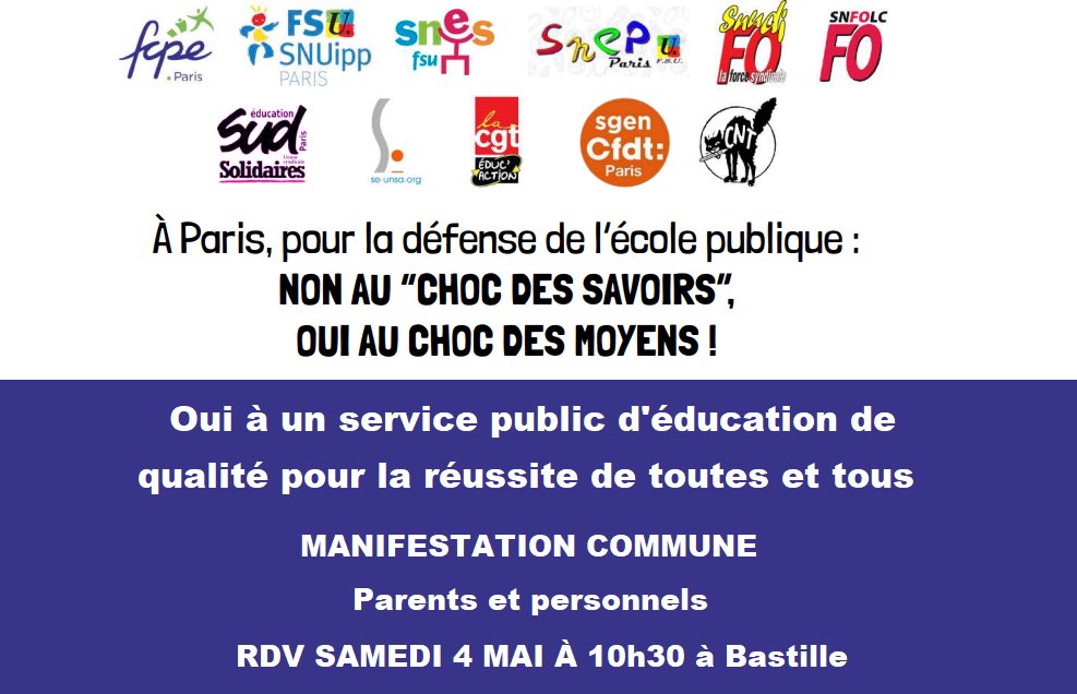 🗓️ Samedi 4 Mai - Manifestons ensemble pour le Défense de l’Ecole Publique. 🚨 La @FCPE_Paris avec l’ensemble des organisations syndicales appellent tous les parents, enseignants et citoyens engagés à se mobiliser massivement pour l’Ecole Publique. fcpe75.org/samedi-4-mai-a…