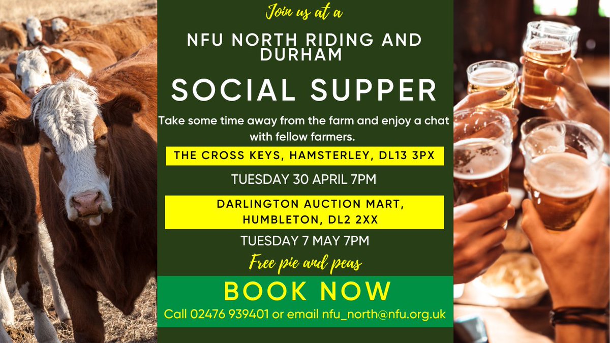 NFU North Riding and Durham will host two 'Social Supper' events in the coming weeks. Take some time away from the farm and spend an evening chatting with fellow farmers. Free pie and peas! To book your place, call 02476 939401 or email nfu_north@nfu.org.uk