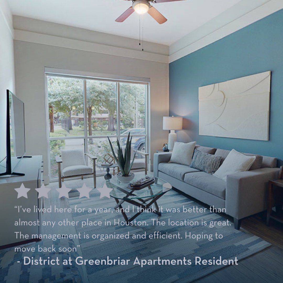 Looking for a great place to live in Houston? Check out District at Greenbriar Apartments! And thank you to our wonderful resident for their kind words. 👏

#districtatgreenbriar #HoustonApartments #FiveStarLiving #apartmentliving #apartmentlife #nowleasing #ResidentTestimony