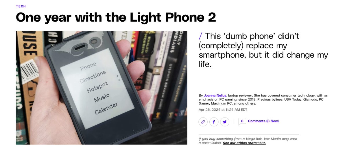 'Critics say the Light Phone isn’t worth the price because it doesn’t have the same number of features as a budget smartphone. To them, I ask: what is the price of your happiness? I don’t know what mine is, but it’s definitely worth way more than $339.' theverge.com/24140675/light…
