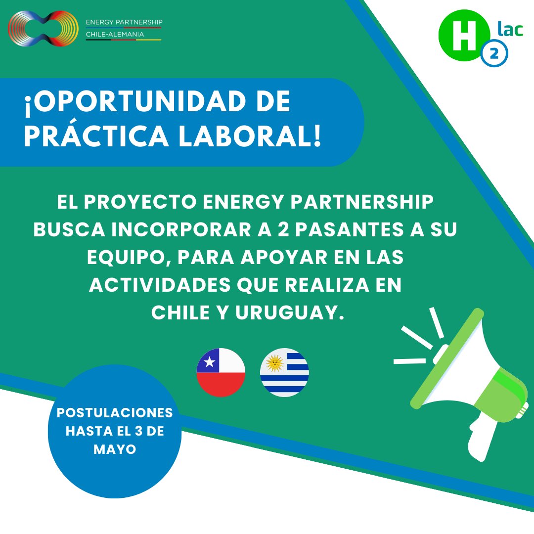 🇩🇪 🇨🇱 🇺🇾 ¡Únete al equipo de la EnergyPartnership Chile-Alemania y Uruguay-Alemania! El proyecto ejecutado por la Sociedad Alemana para la Cooperación Internacional (GIZ) en Chile, busca incorporar a dos pasantes a su equipo, que residan en este país 👉 lnkd.in/e852Tcdf