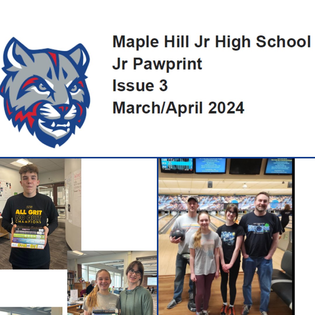 See the 3rd 2023-24 issue of Maple Hill Jr. High School's student-made newspaper - 'The Maple Hill Junior Pawprint' - online @ tinyurl.com/56y64kwa The Junior Pawprint is created by Maple Hill 7th & 8th grade students in the Newspaper Club.