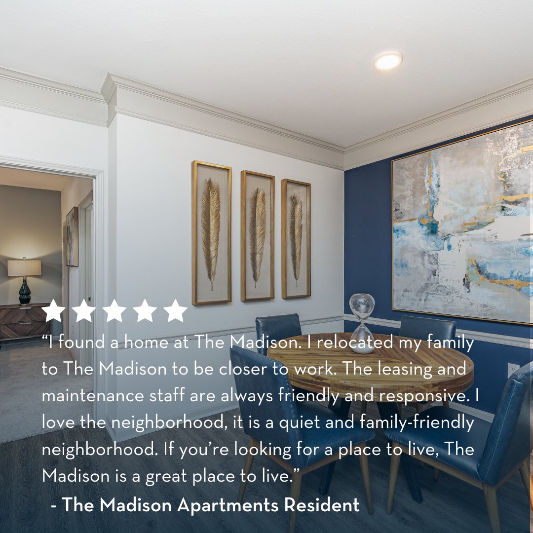 Looking for a great place to live in Henrico? Check out The Madison Apartments! And thank you to our wonderful resident for their kind words. 👏

#themadisonapartments #HenricoApartments #FiveStarLiving #apartmentliving #apartmentlife #nowleasing #ResidentTestimony