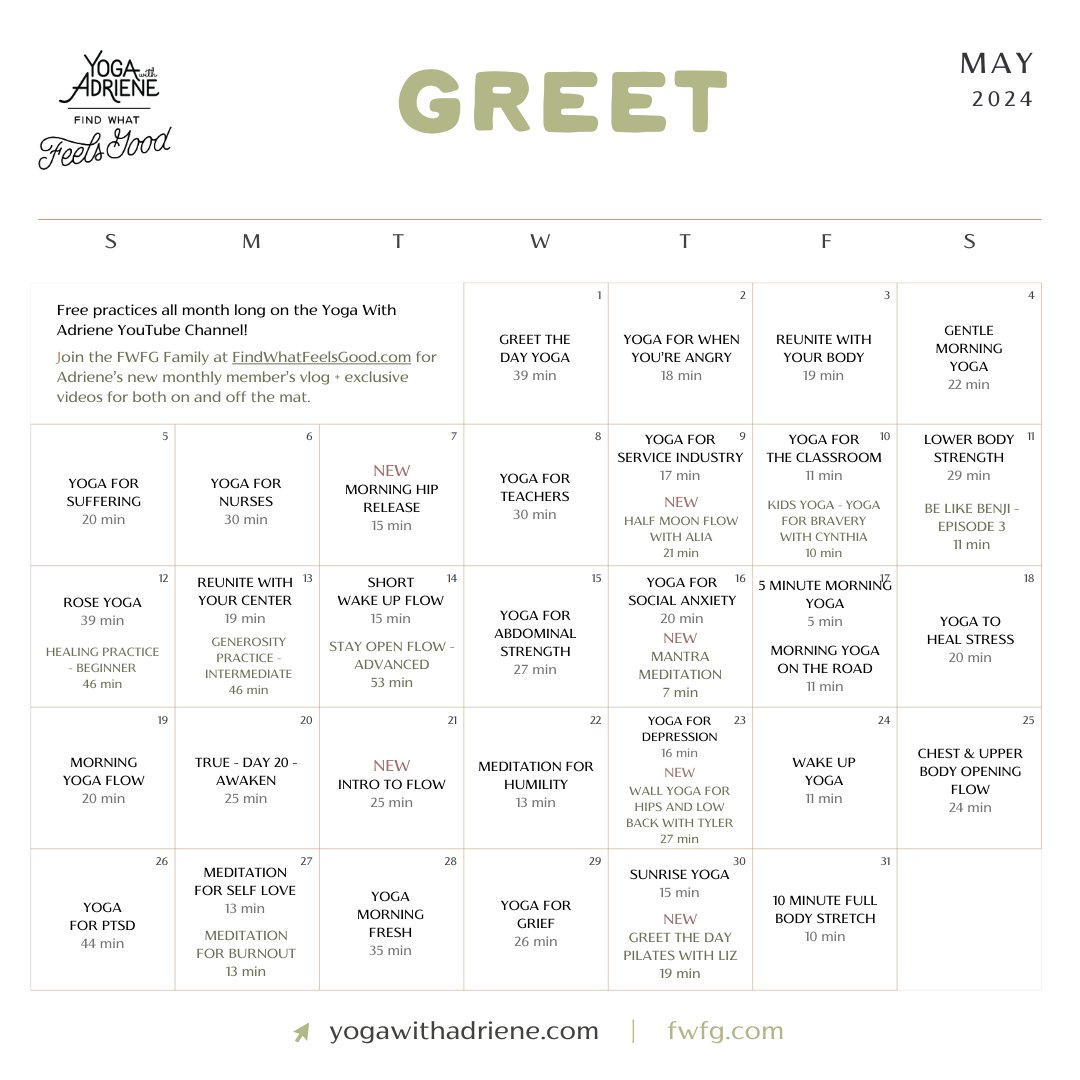 Your May Yoga Calendar is here! GREET. Join me this merry month of May for a morning yoga driven curation, full of a variety of sessions to stretch your body and soothe your soul in this season. Find the GREET playlist and calendar at the link below! yogawithadriene.com/calendar/