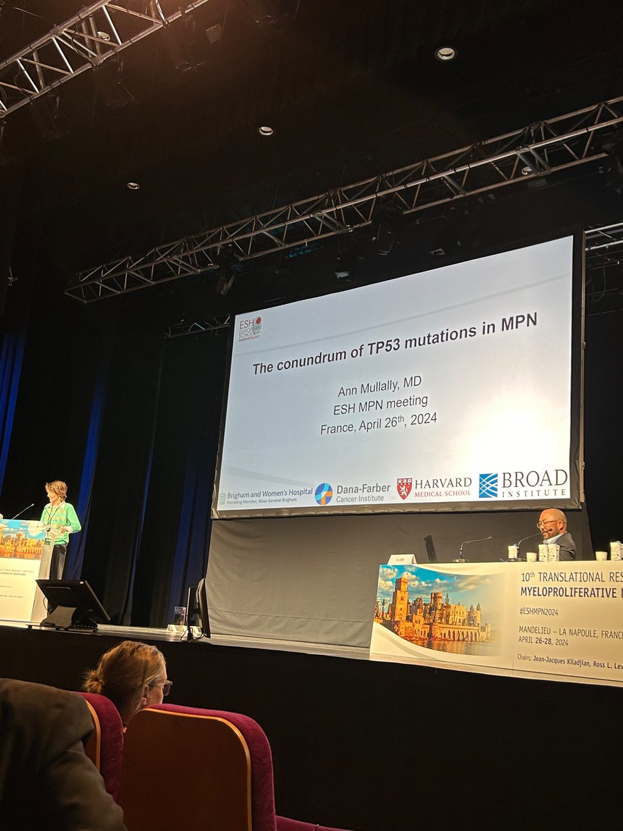 Thank you to Dr. Ann Mullally (@MullallyLab ) for the fascinating talk on P53 in MPN. Dr. Mullally’s lab has worked to establish an incredible collection of P53 mutant MPN pt samples, using them to show P53 multi-hit mutations are associated with reduced survival. #ESHMPN2024