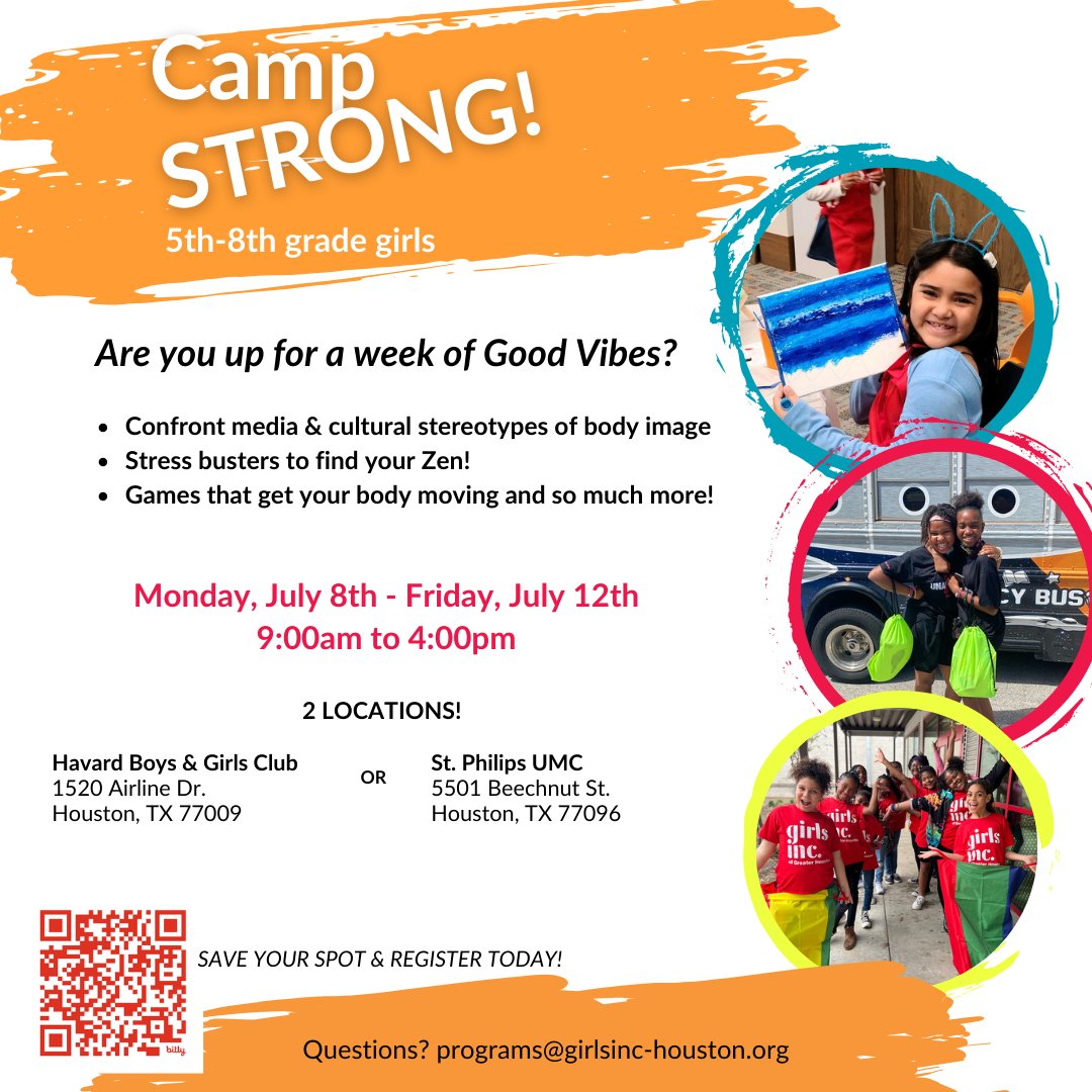 Camp STRONG registration is open! Calling all 5th-8th grade girls! There's a new camp in town. Come spend a week with other #strongsmartbold girls like yourself GOOD VIBES ONLY! Register today #IYKYK Tell a friend! bit.ly/49TbbBx #campstrong #summercamp #girlpower