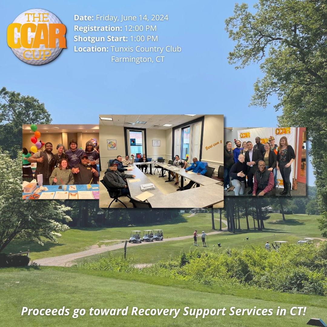 Each year we host our CCAR Cup Charity Golf Tournament and pass along our proceeds to Recovery Support Services in Connecticut ⛳️🏌️‍♂️ Support your local recovery community by joining us at Tunxis Country Club on June 14th - ccar.us/events/ccar-cu… #golfingct #recoverycommunity
