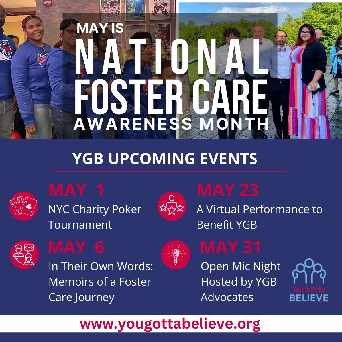 May is #NationalFosterCareAwarenessMonth and we're thrilled to announce YGB's event lineup. There's something for everyone to join in and support the movement to ensure every #fosteryouth finds connection with a loving, permanent family. #FosterCareAwarenessMonth #fostercaremonth