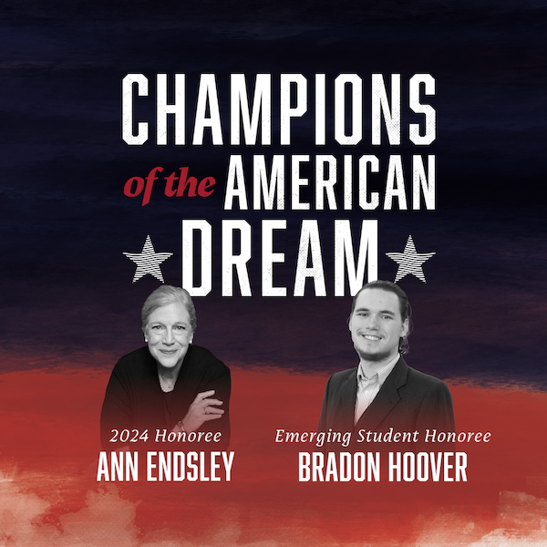 Join us May 1 for inspiring conversation, networking opportunities with our 2024 Champions of the American Dream honoree Ann Endsley and rising student entrepreneur Bradon Hoover. Attendance & parking are FREE. Light refreshments will be provided. ow.ly/TKbf50Rlqgp