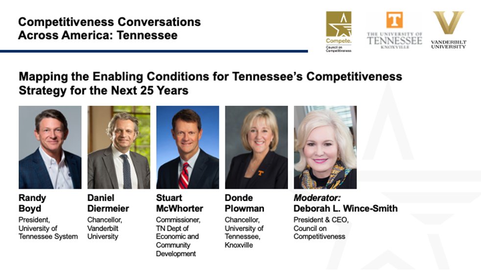 How will innovation transform TN & what lessons can the nation learn from the Volunteer State? Council CEO @DWinceSmith asks state leaders for their forecasts: @RandyBoyd, @DondePlowman, @VU_Chancellor & @CommishTNECD #CompeteConvo. compete.org/Tennessee ...cc: @chadevans1019