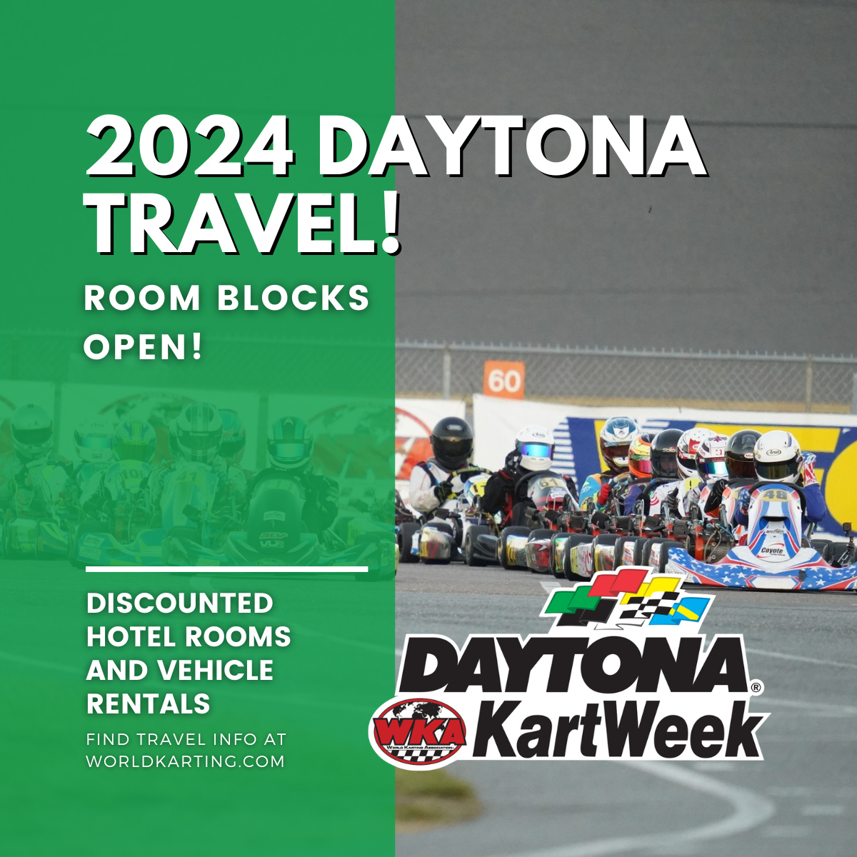 It's never too early to start planning for Daytona KartWeek! Room blocks are open! Hotel reservations and car rentals can be made through WKA travel partner, Sports Tournament Concierge, at sporttournamenthotels.com/daytonakartwee…. If you need assistance or are interested in an upgraded suit...