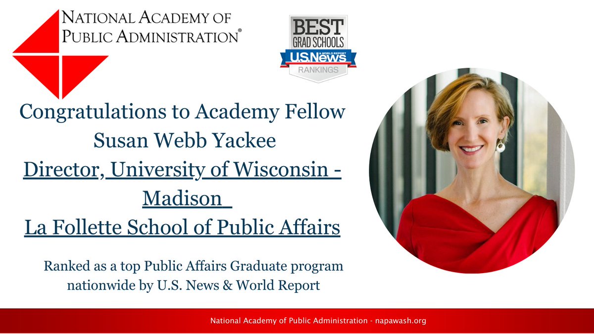 Congratulations to La Follette School of Public Affairs at UW-Madison and Academy Fellow Director Susan Yackee for being named one of the top-ranked master's programs in public affairs in the 2024 U.S. News & World Report list of #BestGradSchools!

usnews.com/best-graduate-…