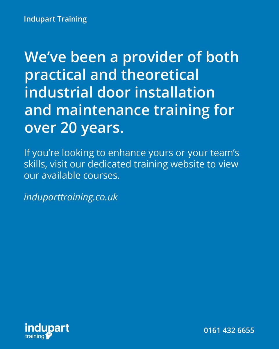 We’ve been a provider of both practical and theoretical industrial door installation and maintenance training for over 20 years.

If you’re looking to enhance yours or your team’s skills, visit our dedicated training website to view our available courses: induparttraining.co.uk