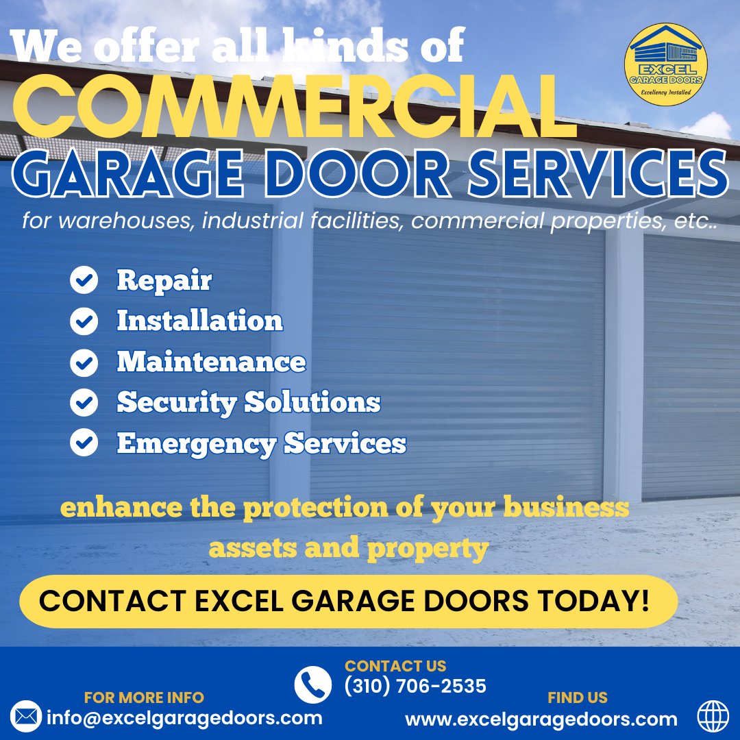 Contact us today to elevate your commercial property with top-notch garage door services!
#CommercialGarageDoors #BusinessSolutions #ExcelGarageDoors #CommercialProperty #MaintenanceServices #SecuritySolutions #ExpertInstallation #24hrService #BusinessMaintenance