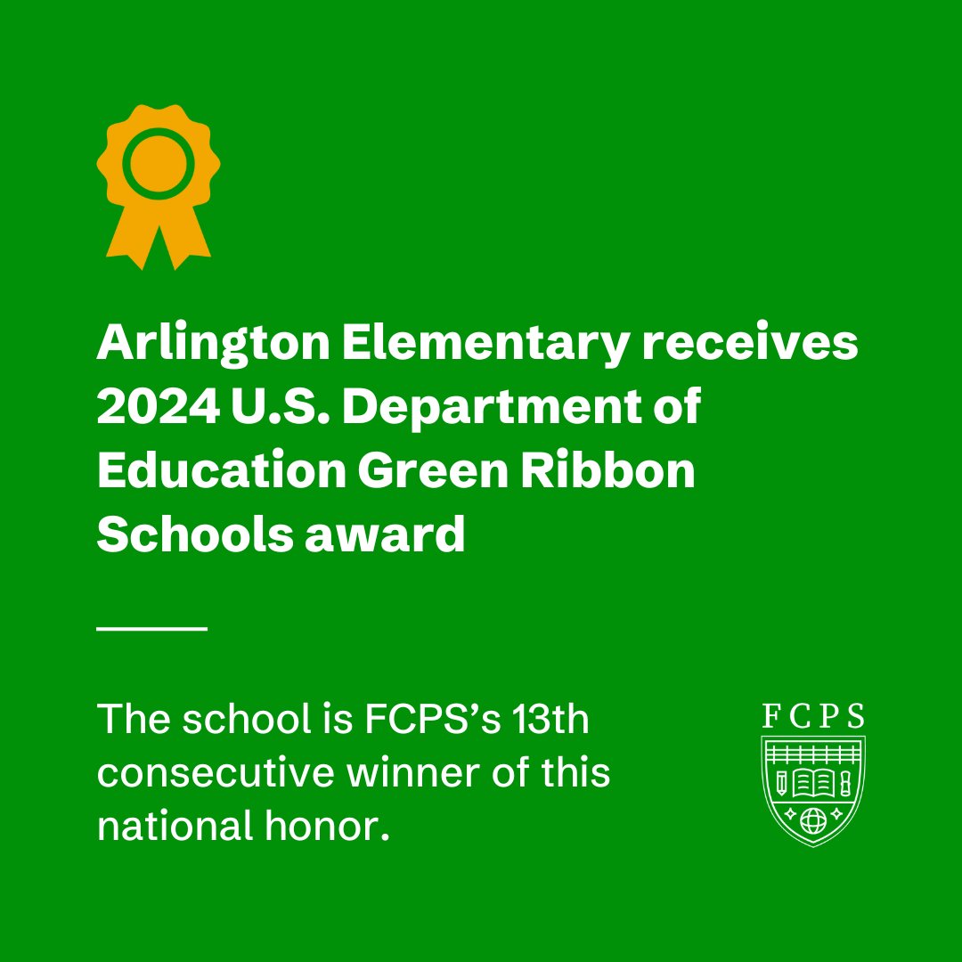 💚 Congrats to Arlington Elementary for earning the Green Ribbon Schools award! 🔗 Read our story at fcps.net/post-details/~…
