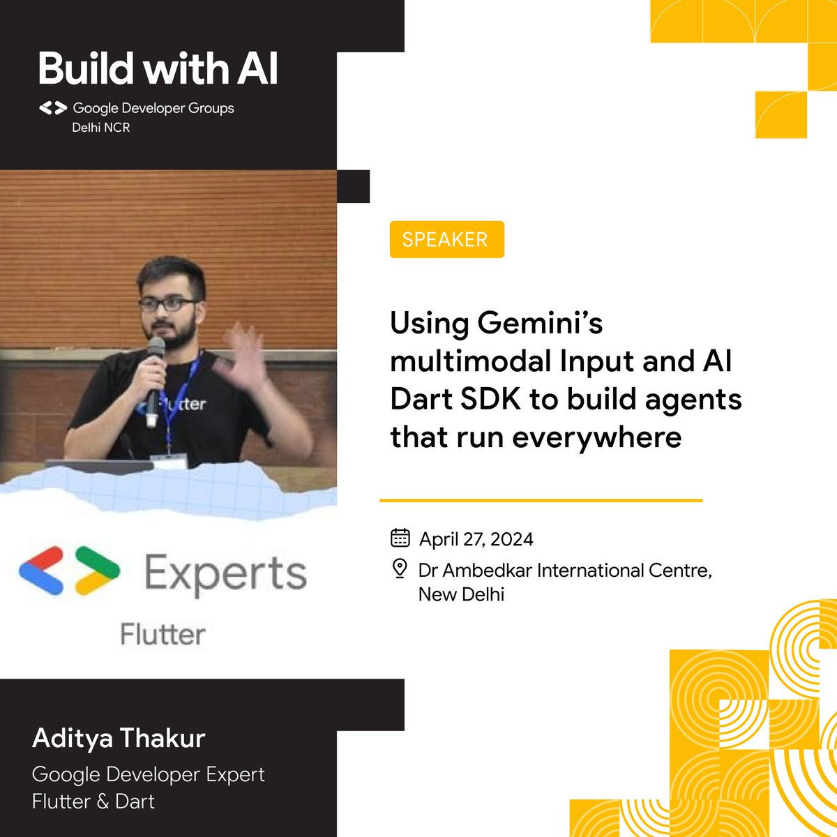 Aditya Thakur - AI Agents Everywhere: Alright devs, buckle up! 🚀 Aditya Thakur, a certified Flutter/Dart Google Expert, is about to take us to the bleeding edge of AI by revealing how to build intelligent agents using Gemini's multimodal capabilities and the AI Dart SDK.