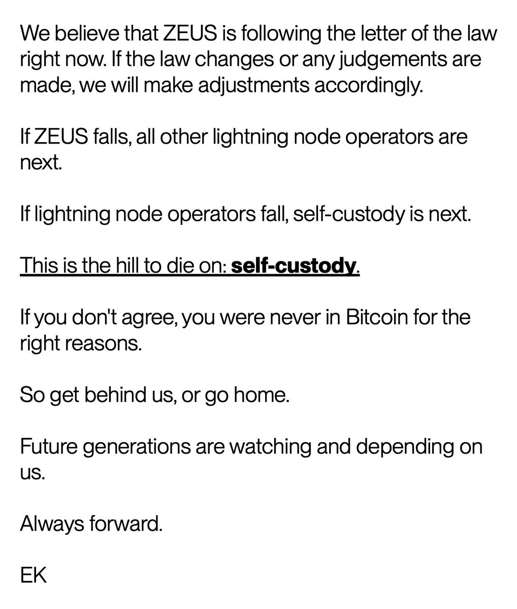 NEW : ZEUS wallet founder, @evankaloudis, issues a statement affirming that his company will continue operating in the 🇺🇸 US, emphasizing that self-custody is a principle worth defending at all costs 👀🙌