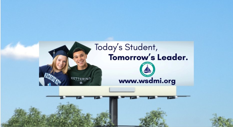 Have you seen our newest billboard on M-59 West near Exit 38 (MLK Blvd.) proudly promoting Waterford School District? Huge shout out to Megan Riley & Adrian Hicks, two of our amazing seniors who served as ambassadors for this project! #TheFutureIsBright #ClassOf2024