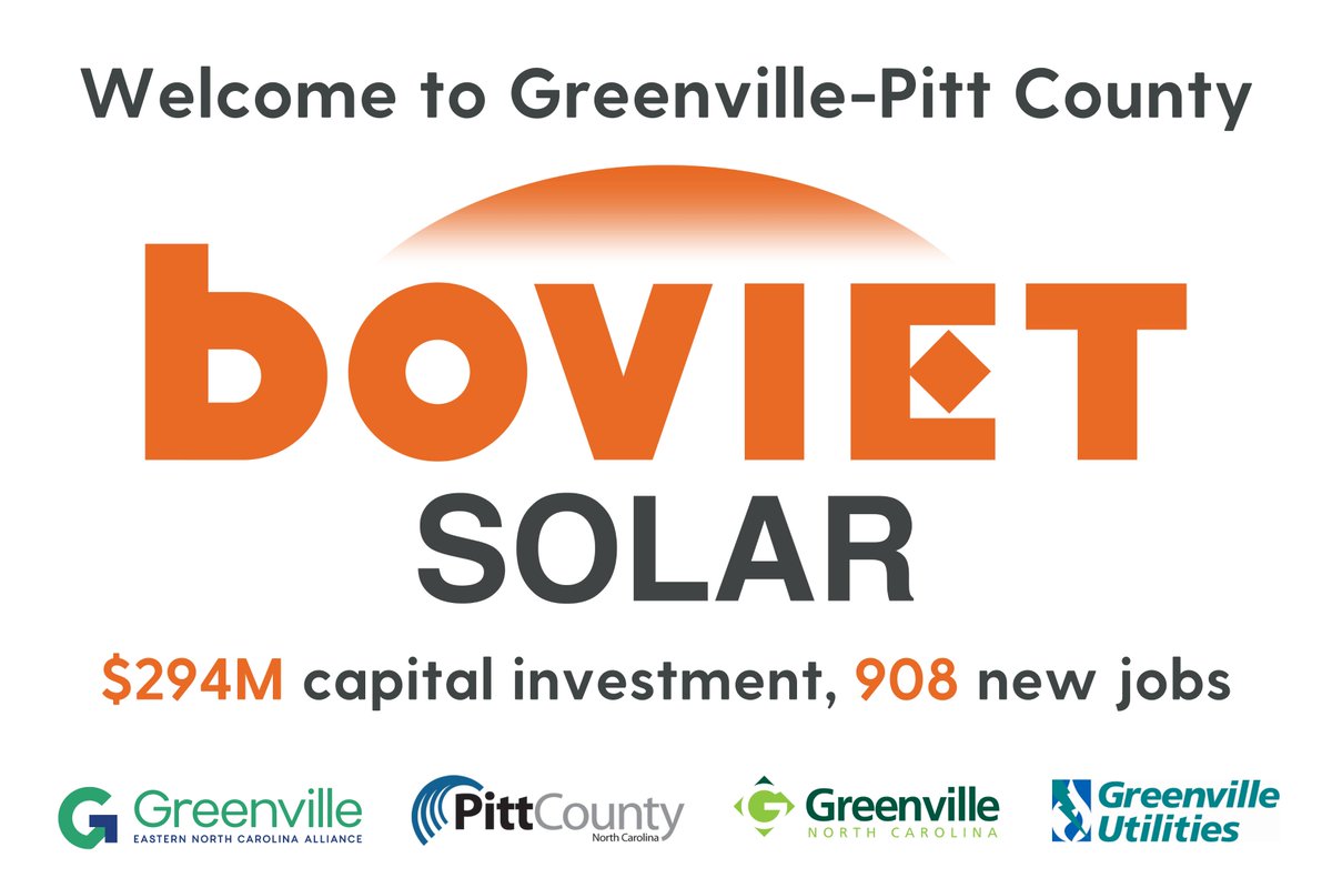 BIG NEWS: Boviet Solar, a Vietnamese solar panel manufacturer and solar energy technology company, announces its first United States production location in Pitt County, bringing $294 million in new capital investment and 908 new jobs! bit.ly/4aO8aUr