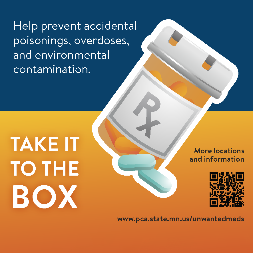 Tomorrow (4/27) is National Prescription Drug #TakeBackDay. Do your part to prevent misuse and keep contaminants out of lakes and rivers by disposing of unwanted antibiotics and other medications properly. Find a drop box: pca.state.mn.us/unwantedmeds. @mnpca #TakeItToTheBox