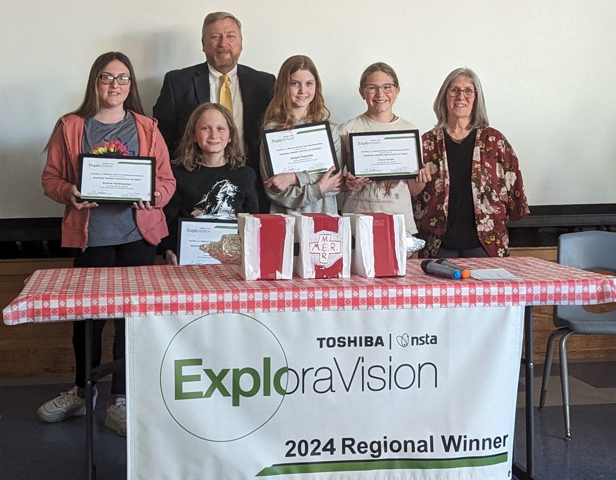 Congratulations to Abigail Ragsdale, Wiley Billings, Clara Ernst, Emma Hafenecker, and their coach Sandra Jamison at Cascade Brook School @cbsprincipal04 ! Their project, 'MER (Medical Earth Robot),' has been selected as one of the Toshiba/@NSTA ExploraVision regional winners🌟