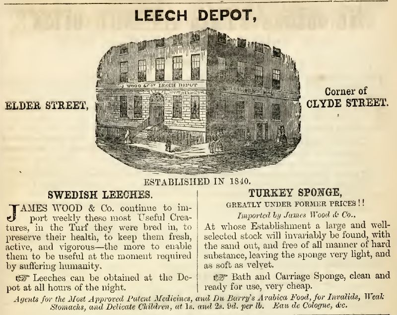 In need of a leech? In 1800s Edinburgh you could stop by the handy Leech Depot in the New Town. Guaranteed Swedish leeches, imported in the turf they were bred in. Only the most active and vigorous leeches sold – and available 24 hours a day!