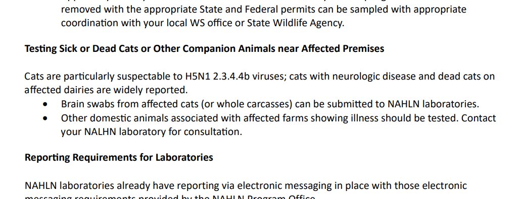 From new testing guidance by @USDA_APHIS More on cats who now appear to be particularly susceptible to H5N1 infections 'cats with neurologic disease and dead cats on affected dairies are widely reported' aphis.usda.gov/sites/default/…