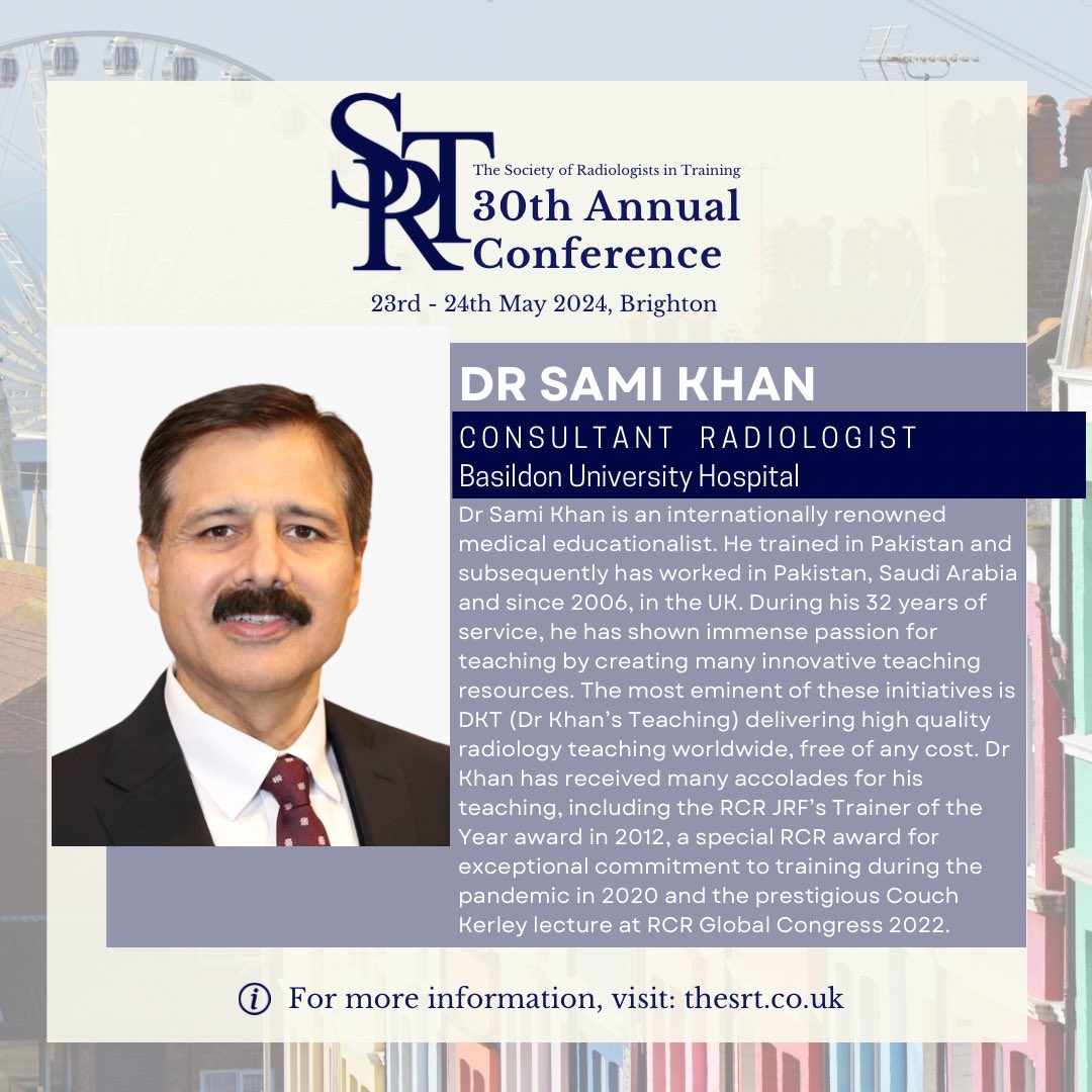 Back by popular demand, Dr Sami Khan, founder of DKT, will join us at the SRT 30th Annual Conference, with two different 2B viva workshops on Thursday 23rd May, and an MRI brain reporting workshop on Friday 24th May! 

Full programme at thesrt.co.uk

#SRT2024