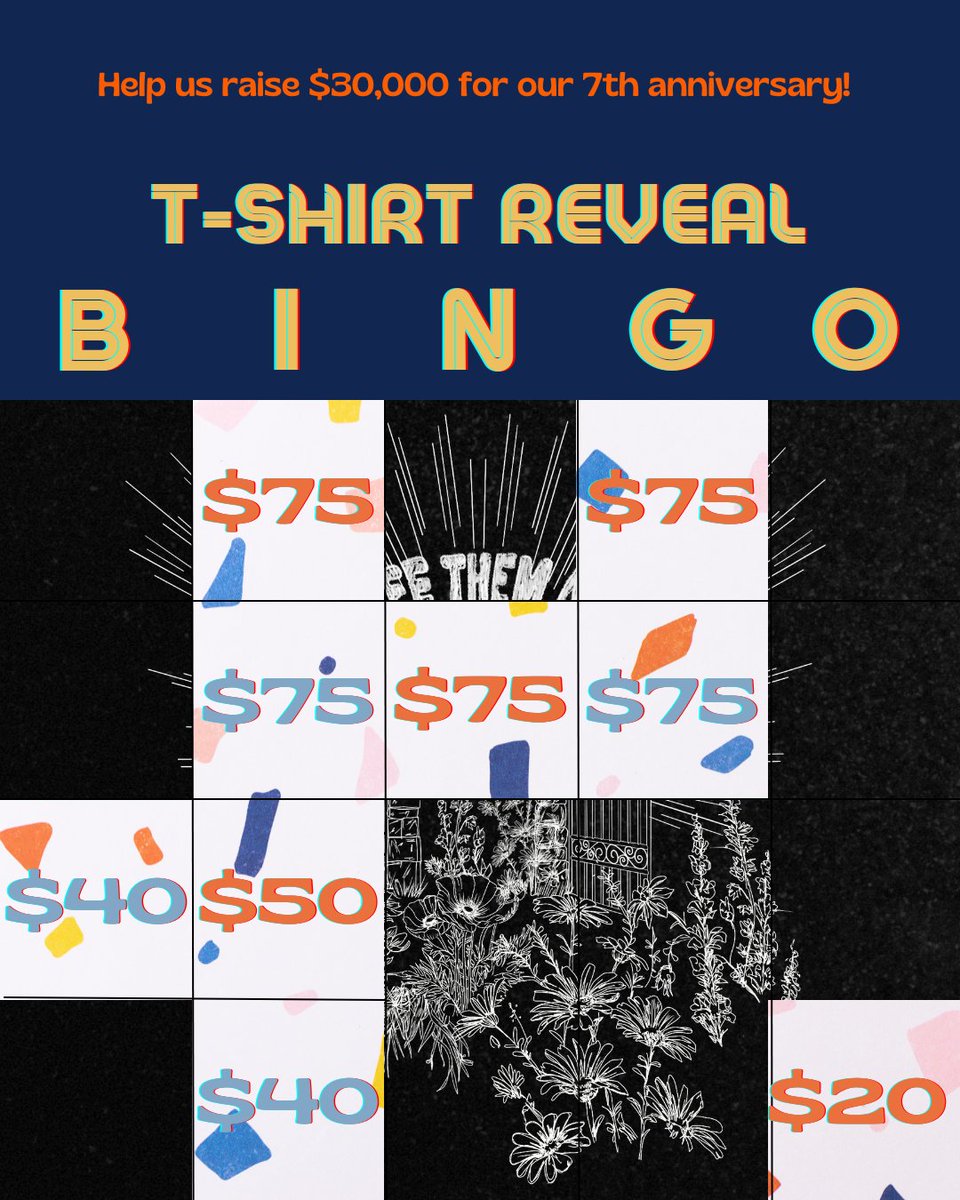 Our partner organization @chitorture is trying to raise $30k for their 7th anniversary! Your donation will flip a bingo square and automatically get you a free shirt designed by local Chicago artist Aidan Anne Frierson! Donate at tr.ee/UwyWehYZ-y