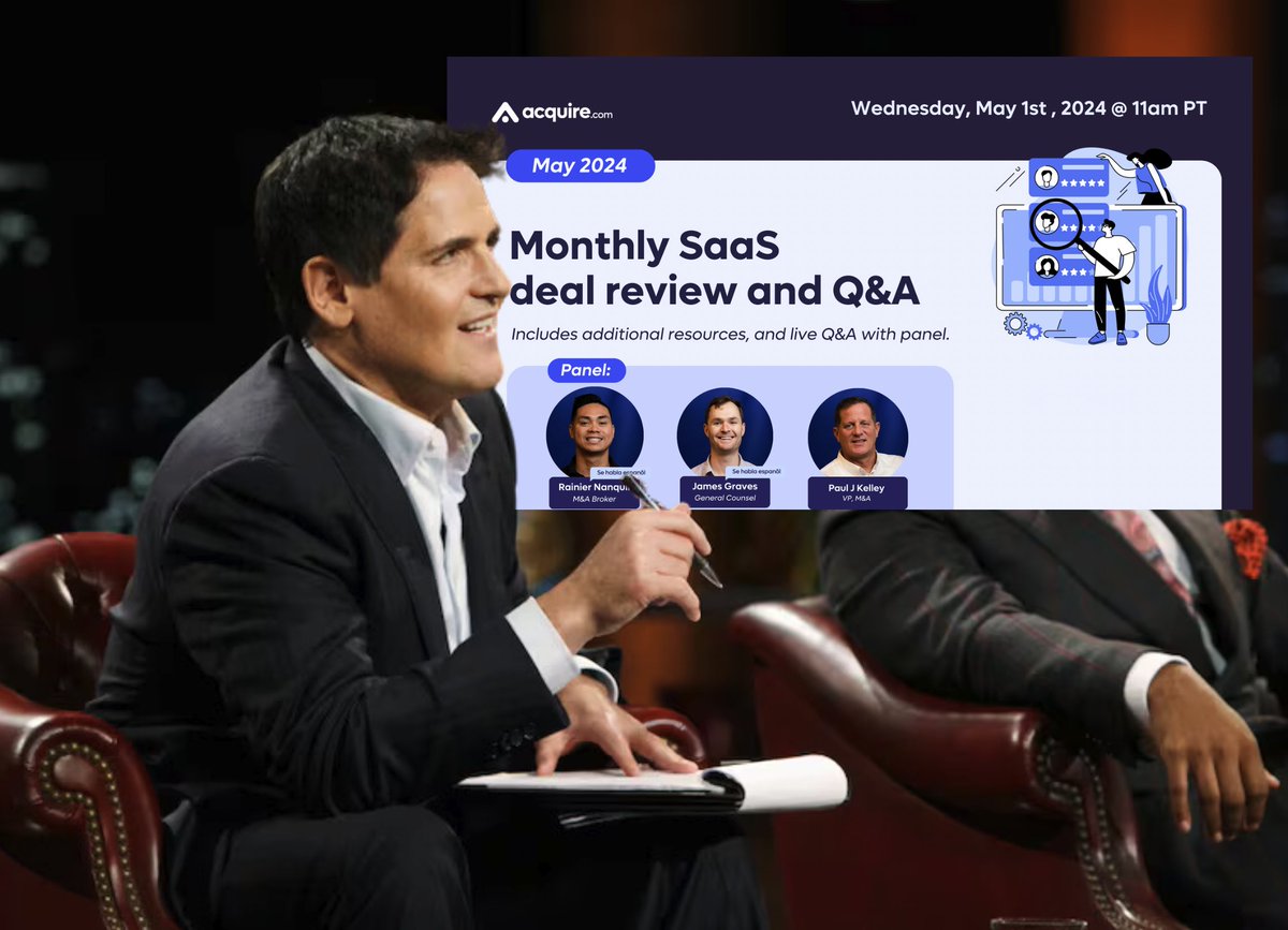 Mark your calendars for Wednesday, May 1st @ 11am PT: @acquiredotcom's SaaS Deal Review is coming! Join us as we break down the latest and greatest startups on our marketplace and gain insight into our experts' thoughts when navigating acquisitions. 👉us06web.zoom.us/webinar/regist…
