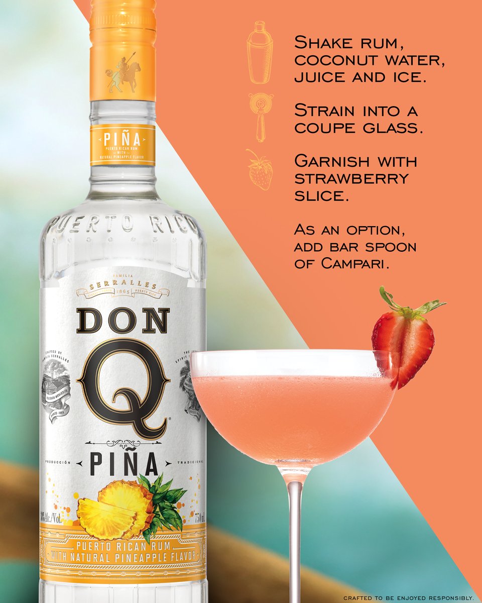 Dive into summer with a refreshing Bikini Piña Colada made with Don Q rum! Shake 2 oz Don Q Piña, ½ oz lime juice, 2 oz coconut water, and ice. Strain into a coupe glass and garnish with a strawberry slice. Optional: add a bar spoon of Campari.