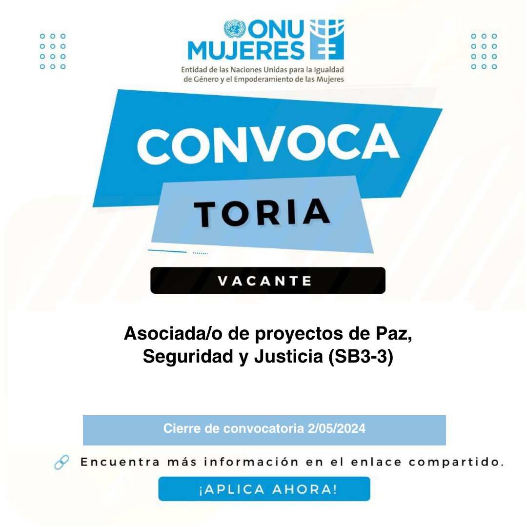 #Convocatoria #Vacante 💻 Asociada/o de proyectos de Paz, Seguridad y Justicia (SB3-3) 📅 Fecha de cierre: 2 de mayo de 2024 Para consultar las bases 📲📲📲 jobs.undp.org/cj_view_job.cf…