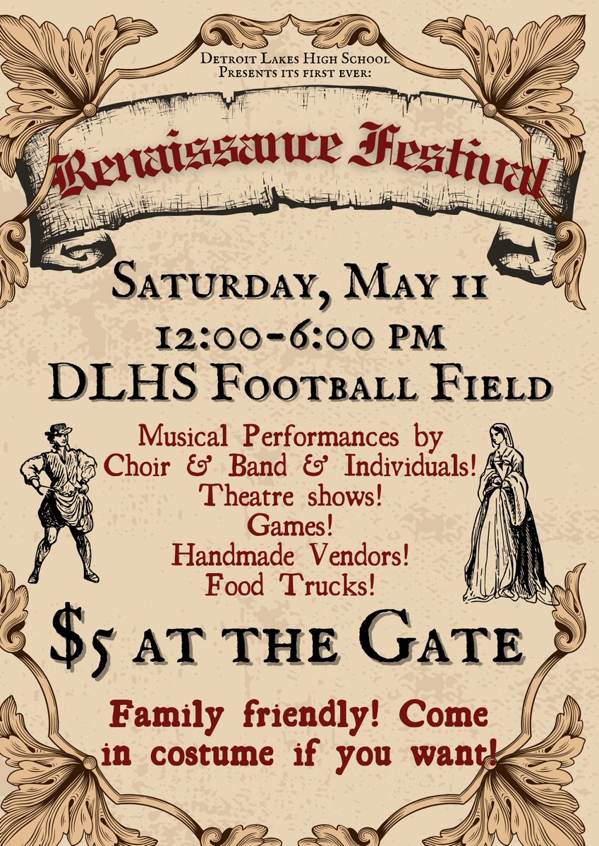 Detroit Lakes High School Renaissance Festival is right around the corner! Saturday, May 11th 12:00-6:00 pm DLHS Football Field $5 at the gate #SailsUp #dlpschools