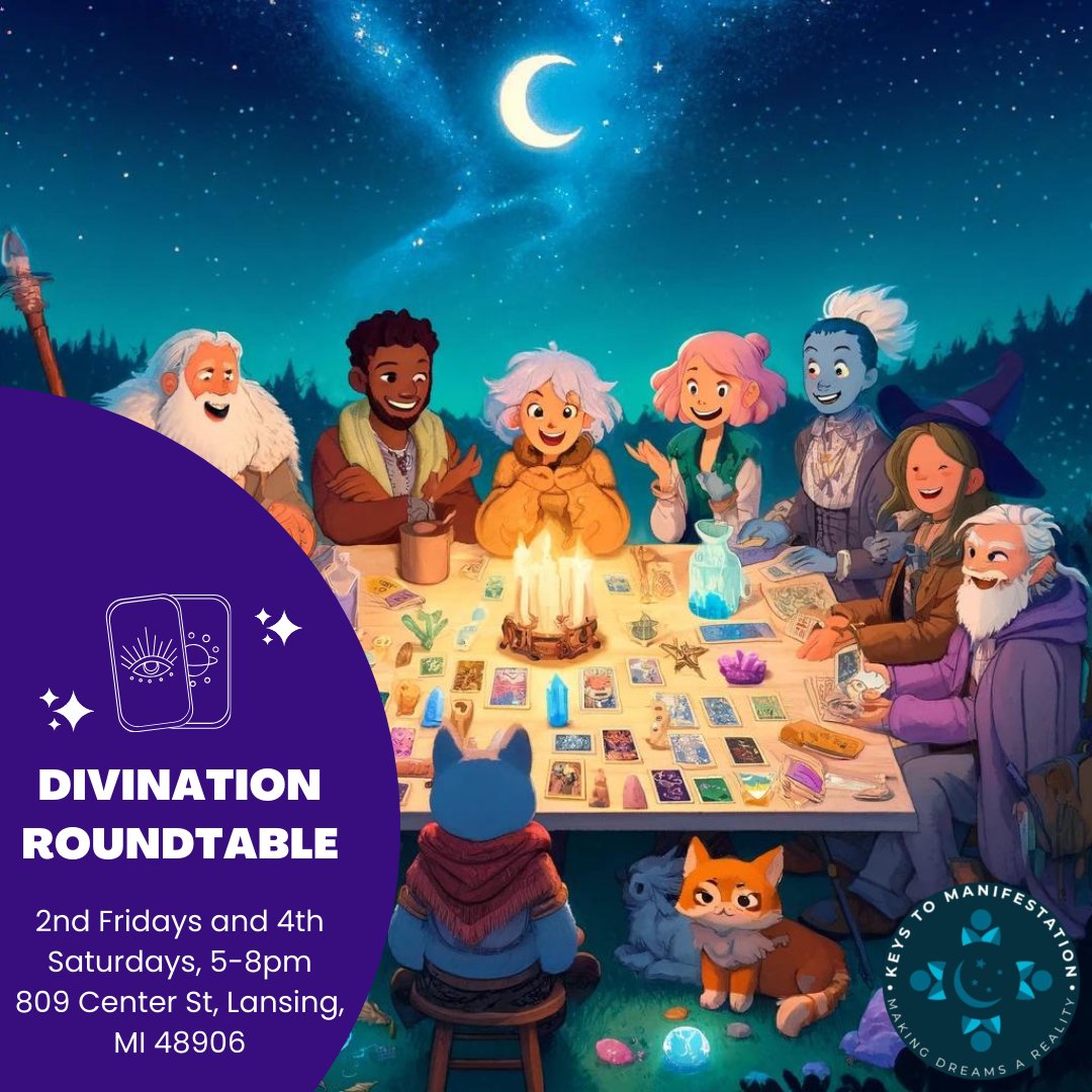 Join our Divination Roundtable for a night of revelations, and maybe a side of revelations you didn't expect. All in good fun and discovery. #NightOfRevelations #ExpectTheUnexpected