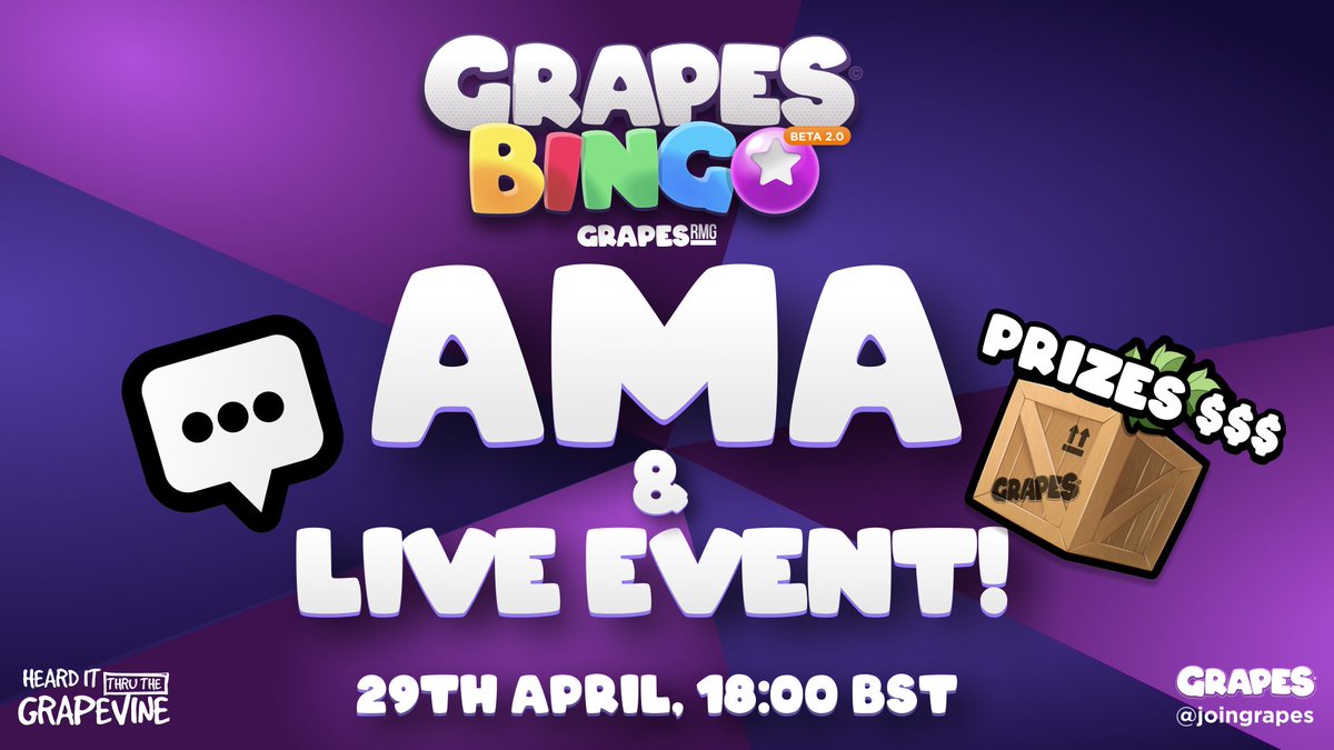 🍇 Grapes AMA + LIVE EVENT! LIVE ON X: Join Grape Founders & the @ApeAccelerator team for a juicy AMA & Bingo event. ⏰ Monday, April 29 18:00 BST // 13:00 EST // 10:00 PST 👀 We're also giving away a GRAPE NFT! 👇 Like, RT + Tag 3 Friends & tune in!