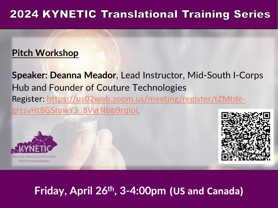 KYNETIC_hub's tweet image. Can you thoroughly talk about your ideas in less than 5 min? Join the KYNETIC pitch workshop TODAY w/ Deanna Meador, 3:00-4:00pm. There is an opportunity to practice your pitch w/ experts! bit.ly/3w7KGdW @UofLInnovate @CommercializeKY #innovation #KYNETIC #entrepreneurs