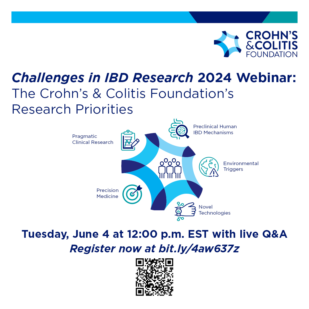 📢 Join us as we unveil the @CrohnsColitisFn latest research priorities that will guide our funding over the next 5 years! The webinar will address how these research topics were identified & prioritized to fill urgent gaps in #IBD. Register now @ bit.ly/4aw637z