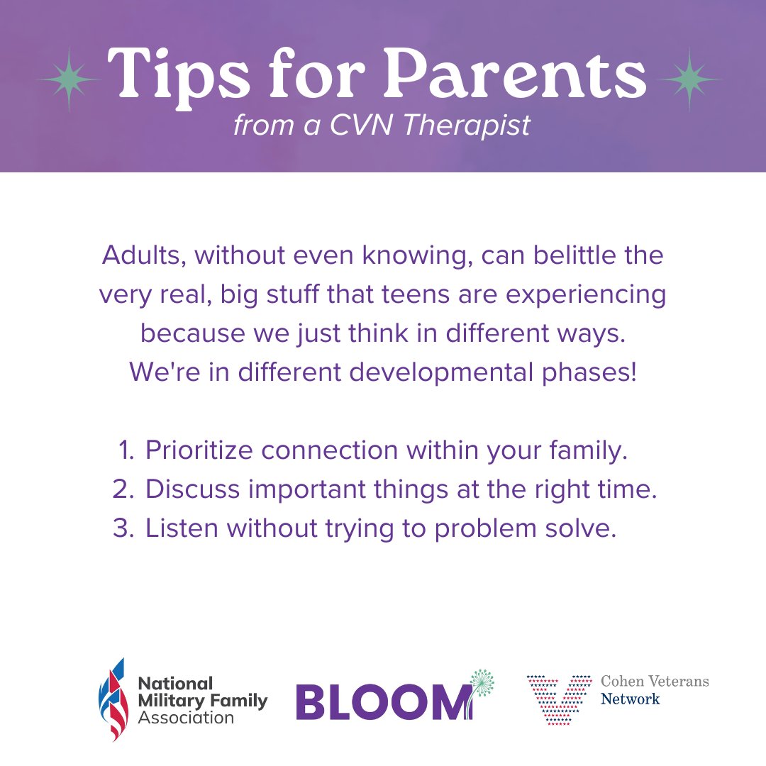 Military parents, are you having difficulty connecting with your #militarychild? Follow our new series: 'Ask Us Anything: Military Teen Edition' where CVN therapists talk with @bloommilteens about #Militarylife! Here's a peek at a recent Q&A... @military_family @CohenVeterans