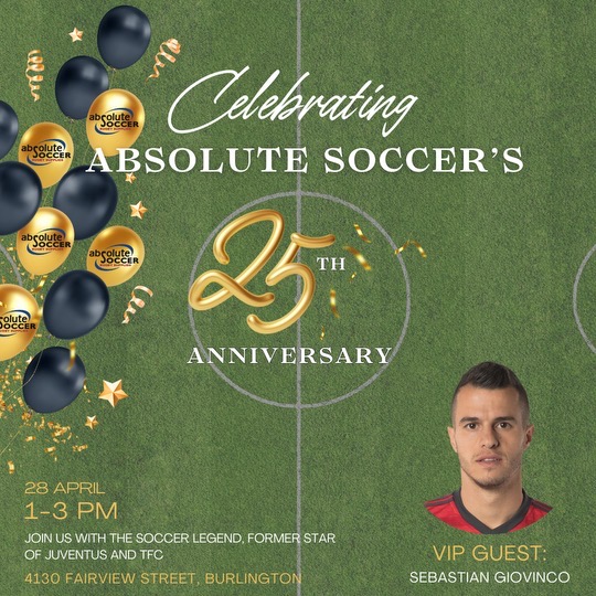 AbsoluteSoccer's tweet photo. This Sunday - 28th April 1-3PM. We welcome Sebastian Giovinco to Absolute Soccer Burlington to celebrate our 25th Anniversary! Come along - parking available at Remax across the street! See you there! https://t.co/3jxvmhiWAC
