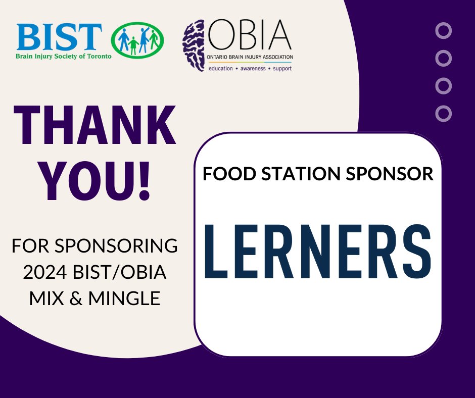 Thank you to the Food Station Sponsor, @LernersLLP for this year’s BIST/OBIA Mix & Mingle! For Sponsorship Opportunities & Early Bird Tickets ➡️ obia.ca/events/mix-min… #MixnMingle2024 #braininjuryawareness #acquiredbraininjury