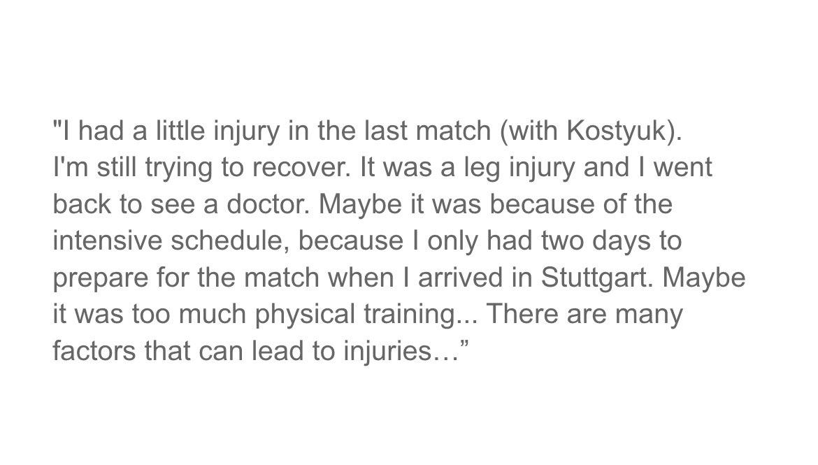 Not surprising, Qinwen did mention a few days ago that she sustained a small leg injury in Stuttgart against Kostyuk - She also said that it could be due to the intensive schedule (playing the BJKC in China then Stuttgart with little rest) or due to intense physical training…